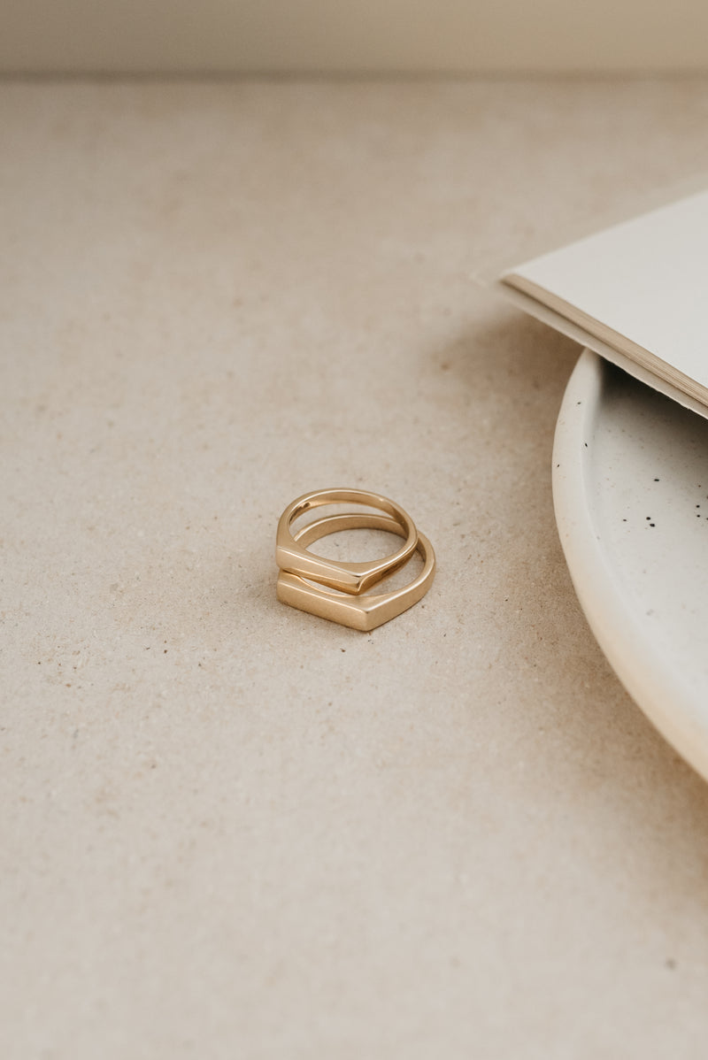Studio Adorn hand carved 9ct recycled gold signet ring with matte and polished finishes