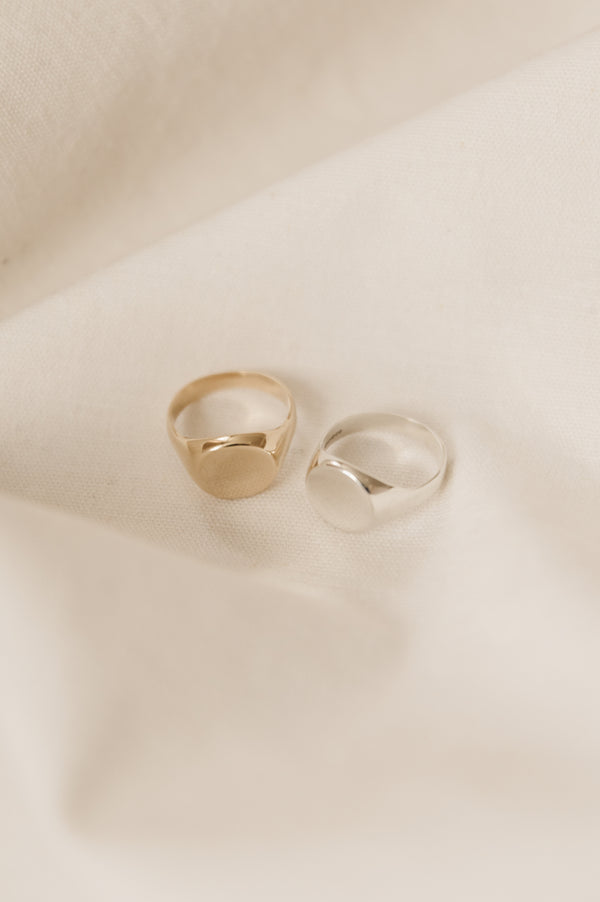 handmade round signet ring in silver and gold